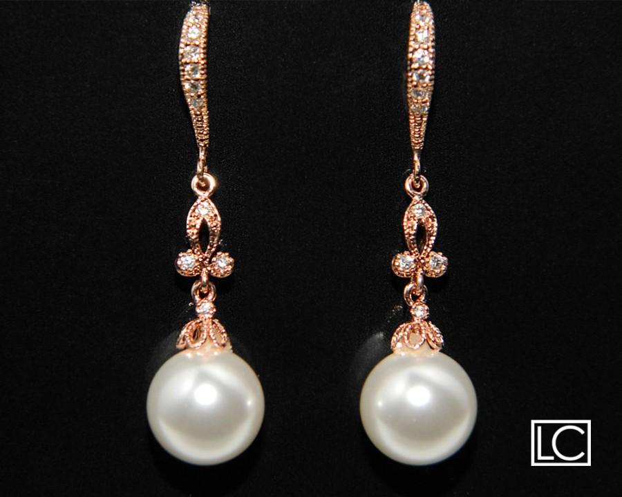 Mariage - White Pearl Rose Gold Wedding Earrings Swarovski 10mm Pearl Drop CZ Rose Gold Earrings Bridal Rose Gold Dangle Earrings Bridesmaids Jewelry - $28.90 USD