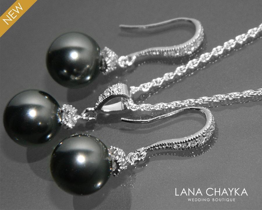 زفاف - Black Pearl Jewelry Set Swarovski 10mm Pearl Earrings&Necklace Set Black Pearl Wedding Jewelry Set Bridal Bridesmaid Balck Pearl Jewelry - $27.50 USD