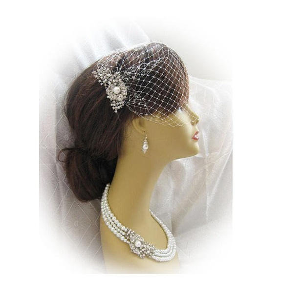 زفاف - Bridal Jewelry SET  4 Items  -  Rhinestone Bridal Hair Comb, The Bandeau style birdcage veil ,Swarovski Pearls Necklace,Blusher BirdCage