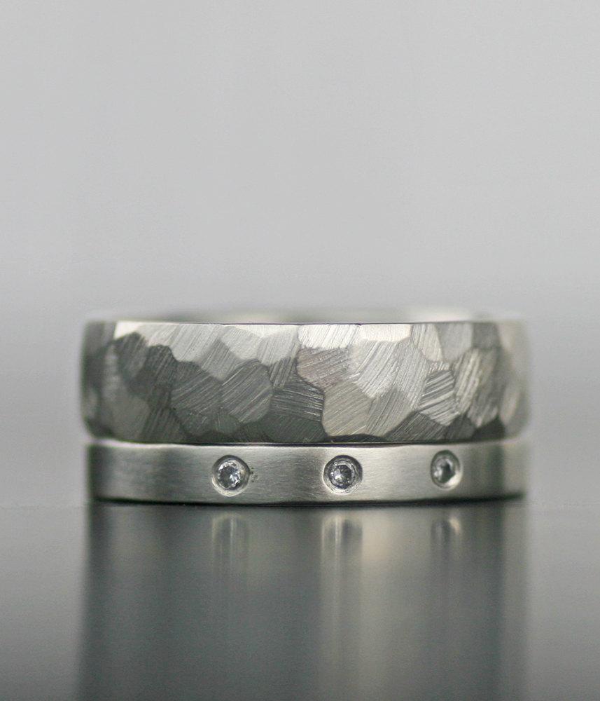 زفاف - modern diamond engagement ring - wedding band set - sterling palladium or 14K gold wedding set - eco friendly - recycled and conflict free
