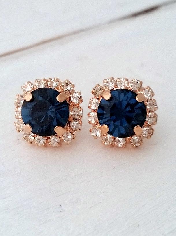 Свадьба - Rose gold Navy blue earrings,navy blue bridesmaid gifts,studs,Swarovski crystal stud earrings, Bridal earrings,navy blue stud earrings