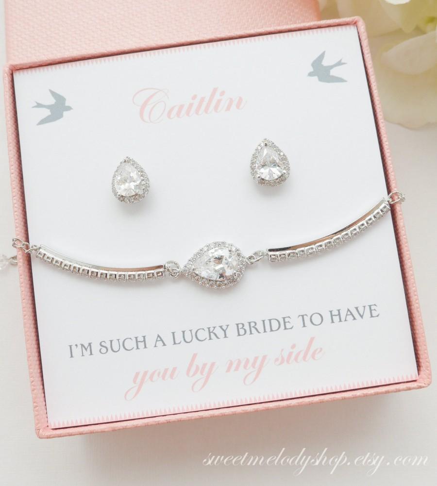 Wedding - Bridesmaid Jewelry Set, Personalized Bridesmaid Gifts, Bridesmaid Earrings and Bracelet Set, Crystal Teardrop Studs, Mother of Bride Gift