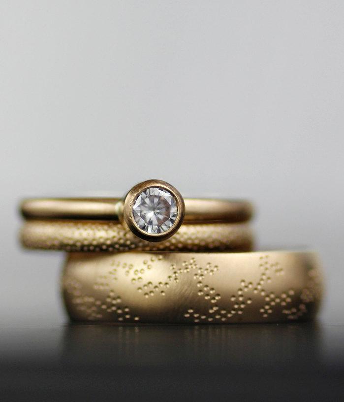 Wedding - sea and sky modern wedding set -  unique gold engagement ring - 14K gold moissanite and gold alternative his and hers wedding bands
