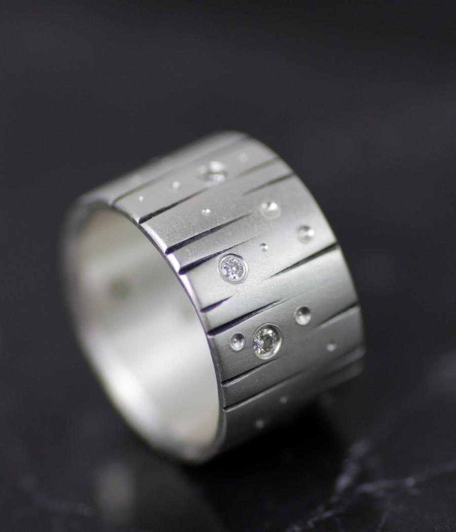 زفاف - unique women's wedding band - modern women's diamond engagement ring - conflict free "meteor shower" diamond wide band sterling silver ring