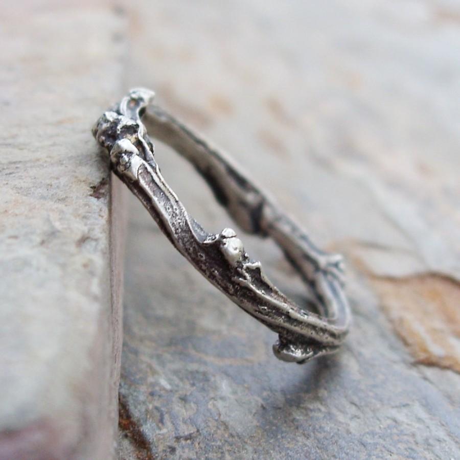 Hochzeit - Sterling Silver Budding Twig Wedding Band or Stacking Ring - Antiqued Tree Branch or Vine Commitment or Promise Ring