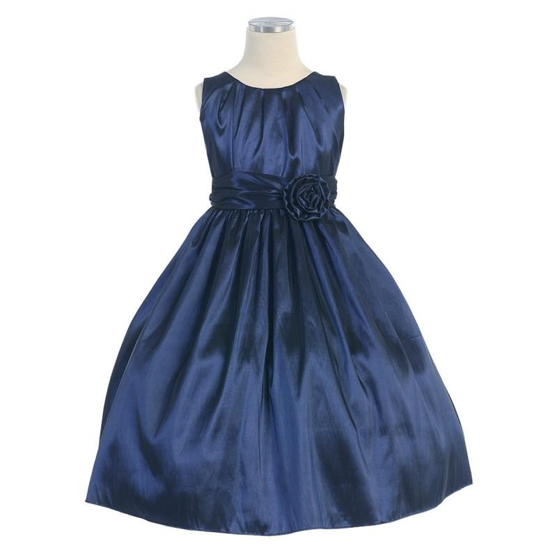 Wedding - Navy Pleated Solid Taffeta Dress w/ Hand Rolled Flower Style: DSK355 - Charming Wedding Party Dresses