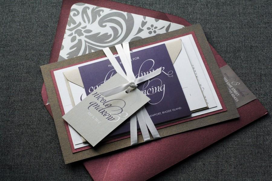 Свадьба - Luxury Wedding Invitations, Modern Purple and Grey Invitations, Purple Wedding Ideas - "Dramatic Script" Flat Panel, 2 Layers, v1