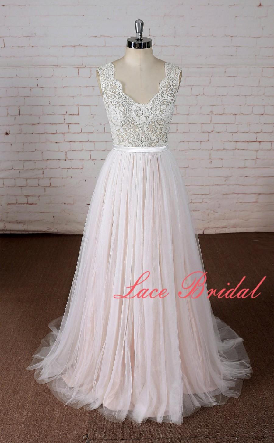 Mariage - A-Line V-neck Chapel Train Wedding Dress with Blush Underlay Skirt Special Sheer Lace Bodice Wedding Dress Waistband