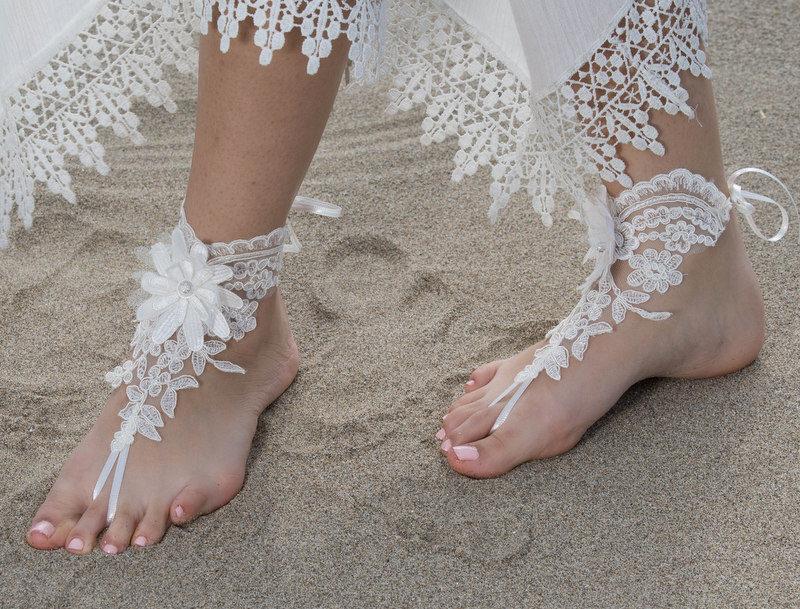 زفاف - Beach wedding Barefoot Sandals İvory Wedding Barefoot Sandals, Lace Barefoot Sandals, Bridal Lace Shoes, Floral Shoes, Anklet, Bridesmaid - $29.90 USD