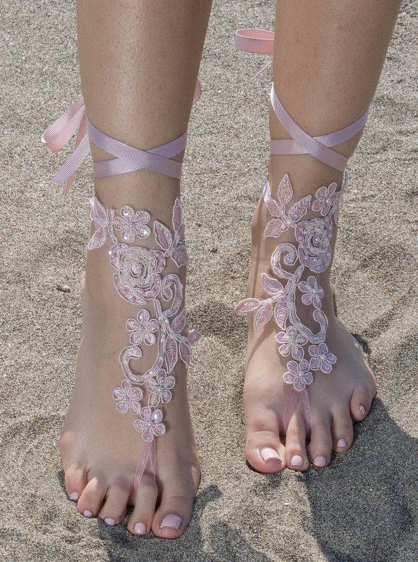 زفاف - Pink Beach wedding barefoot sandals, wedding anklet, country wedding shoes sandles barefoot anklets bridal spectacular barefeet Bridal Lace - $27.90 USD