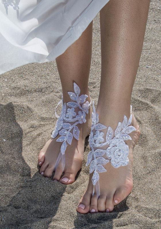 زفاف - White Lace Barefoot Sandals Beach wedding Barefoot Sandals Lace Barefoot Sandals, Bridal Lace Shoes Foot Jewelry Bridesmaid Sandals, Anklet - $29.90 USD