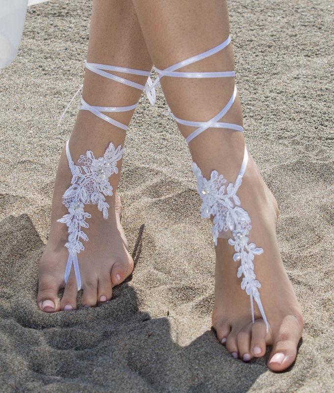 زفاف - White Lace Barefoot Sandals Beach wedding Barefoot Sandals Lace Barefoot Sandals, Bridal Lace Shoes,Foot Jewelry Bridesmaid Sandals, Anklet - $31.90 USD