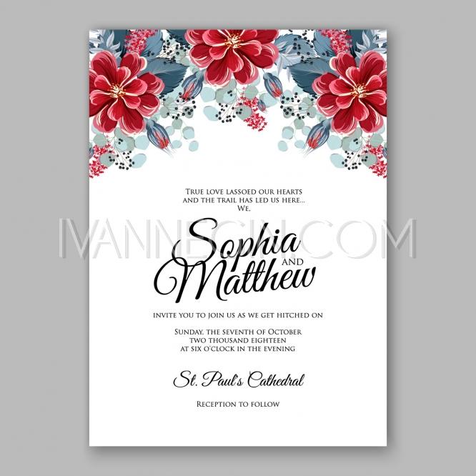 Mariage - Soft red dahlia wedding invitation card printable template with mint greenery Burgundy zinnia mentho - Unique vector illustrations, christmas cards, wedding invitations, images and photos by Ivan Negin