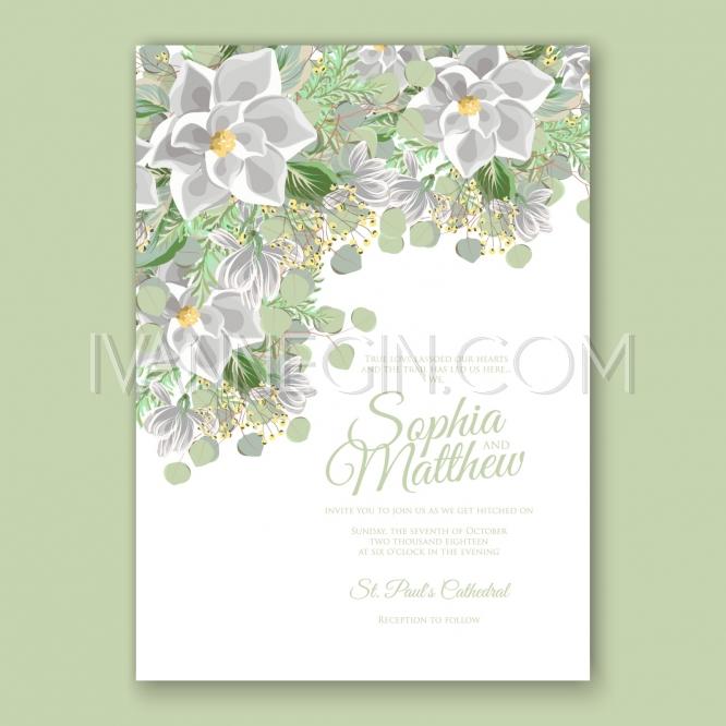 Hochzeit - Magnolia wedding invitation template card - Unique vector illustrations, christmas cards, wedding invitations, images and photos by Ivan Negin