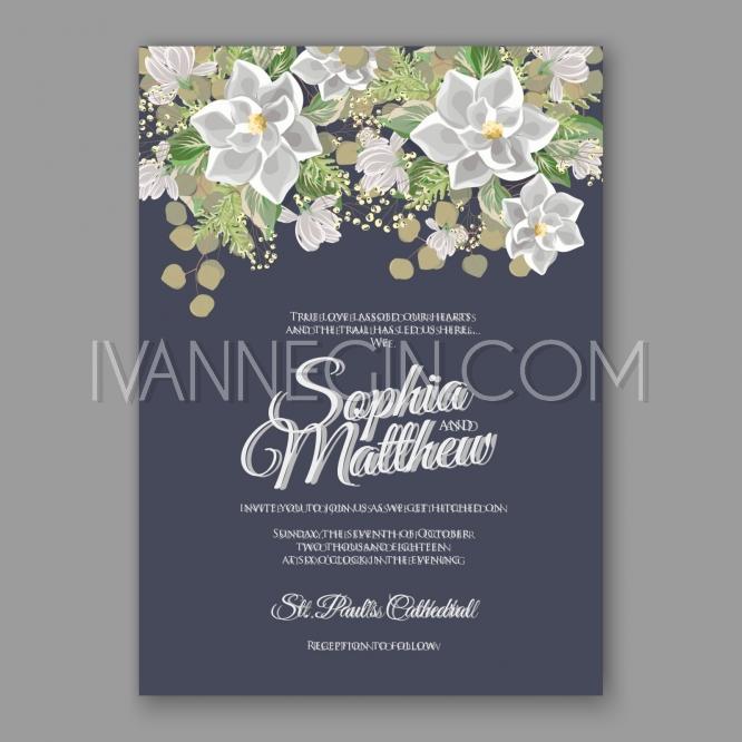 Hochzeit - Magnolia wedding invitation template card - Unique vector illustrations, christmas cards, wedding invitations, images and photos by Ivan Negin