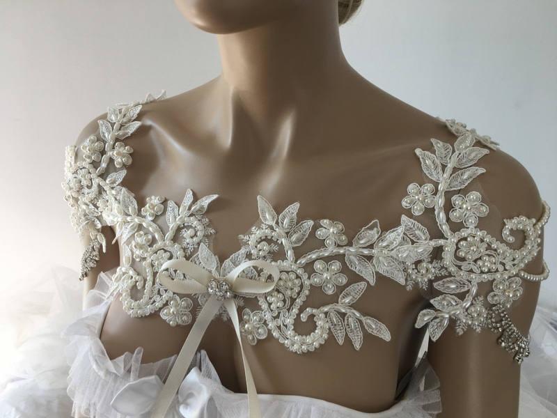 Hochzeit - EXPRESS SHIPPING Pearl Bridal Dress Shoulder Necklace Rhinestone Lace Shoulder Necklace Wedding Shoulder Bridal Lace Shoulder Bridal Bolero - $198.00 USD