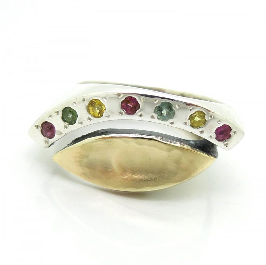 Wedding - Tourmaline ring silver and gold unique design engagement ring