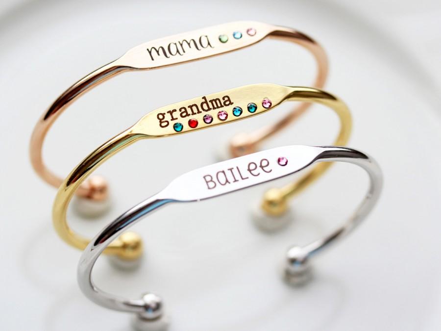 Hochzeit - Engraved Birthstone Bracelet - Personalized Mother's Day Gift, Personalized Bridesmaid Gift Engraved Birthstone Bracelet Name Bracelet Gold