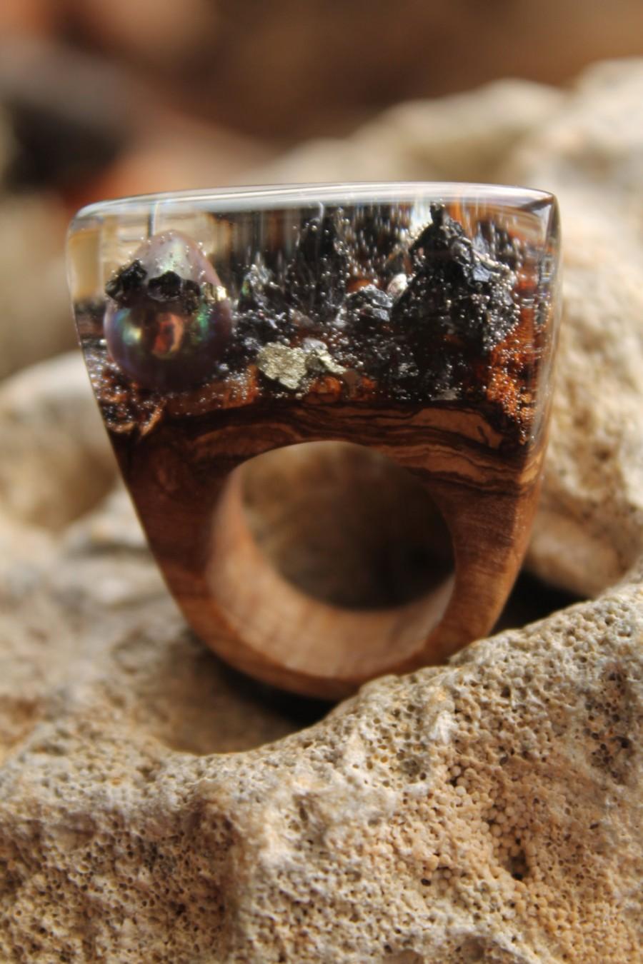 Hochzeit - grey pearl ring black resin ring goth alternative engagement ring women wooden fashion jewelry pagan ring black stone wood ring nature art