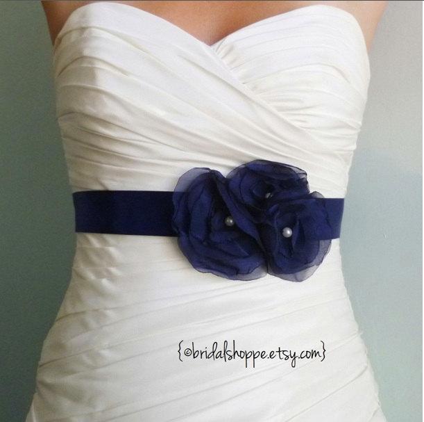 Wedding - Navy Blue Bridal Sash, Bridal Belt, Bridal Accessories, Bridesmaid Sash, Flower Sash, Belts and Sashes, Breanna