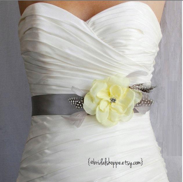 Hochzeit - Bridal Sash, Wedding Sash Belt, Bridal Accessories, Yellow on Gray Feather Bridal Belt Wedding Sash