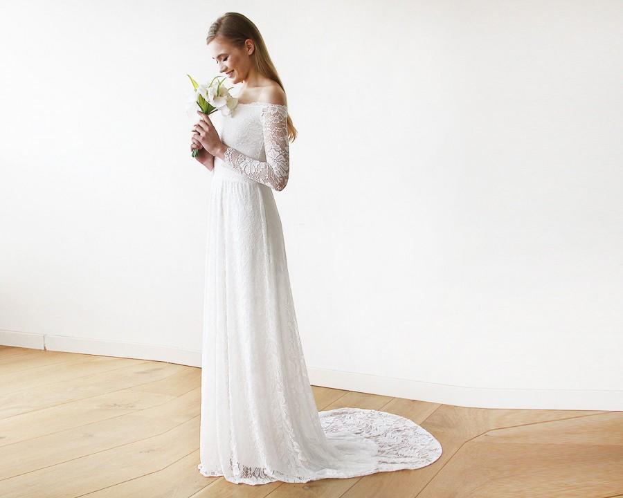 Mariage - Ivory Off-The-Shoulder Floral Lace Long Sleeve Maxi Dress with a Train 1148
