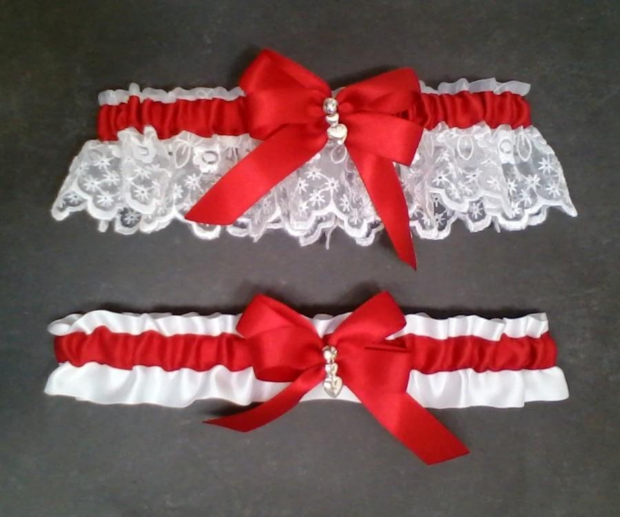 زفاف - Wedding Garter Set Red on White or Ivory, Red Bow with Rhinestone & Hearts Charm ~ Allison Line (May also be purchased individually)