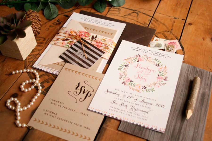 Свадьба - Boho Wedding Invitation - Rustic Floral Invitation Set - Vintage Hipster Wedding Invites - Woodland - Printable or Printed - Penelope