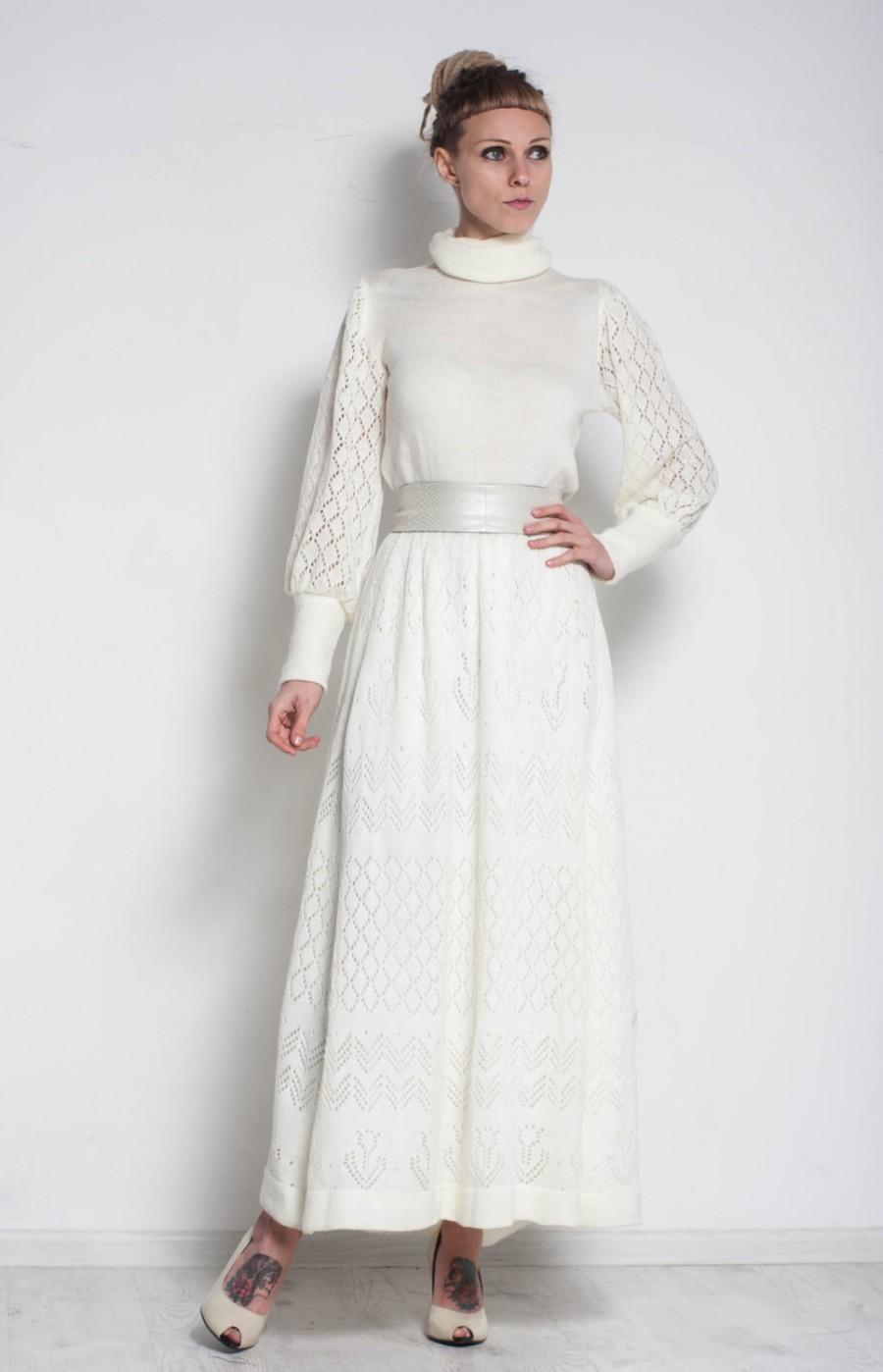 Свадьба - White maxi dress turtleneck office dress Long sleeve crochet ivory dress formal lacy dress mohair prom dress roll-neck evening prom dress