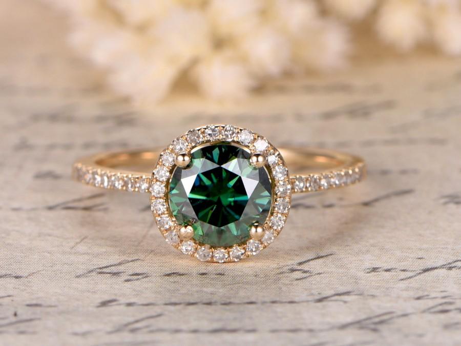 زفاف - 6.5mm Round Cut Green Moissanite Engagement Ring,Halo,Diamond Wedding Band,14K Yellow Gold,WhiteYellow Color Moissanite Available,Party Gift