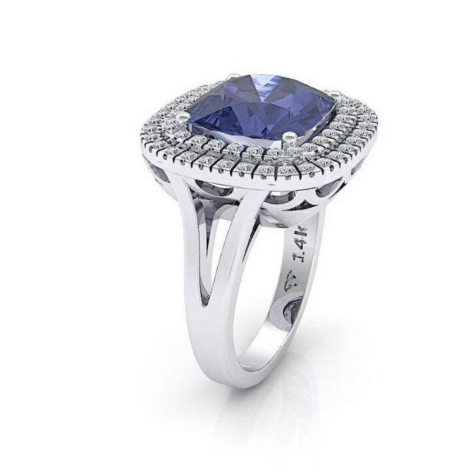Mariage - Blue Sapphire Engagement Ring Diamond Halo Sapphire Ring Custom Wedding Jewelry 14K 18K Gold