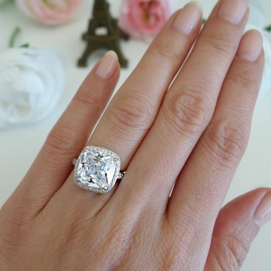 Mariage - 60% off 5 ctw Cushion Ring, Halo Engagement Ring, Man Made Diamond Simulants, Bridal Filigree Ring, Art Deco Wedding Ring, Sterling Silver