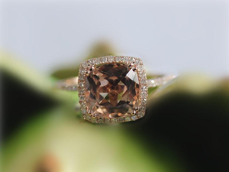 Wedding - 9x9mm Morganite Engagement Ring In 14K Rose Gold Cushion Cut Morganite Diamond Ring Wedding Ring Gemstone Ring Anniversary Gift For Her