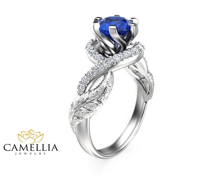 زفاف - Wedding Band Sapphire Engagement Ring 14K White Gold Sapphire Ring Engagement Ring Unique Solid Gold Anniversary Ring