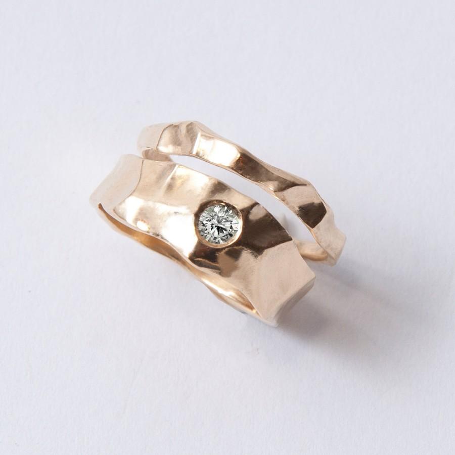 زفاف - Wedding Ring Set - 14K Gold and Diamond engagement ring and a thin gold wedding ring, unisex ring, engagement ring, wedding band, mens ring