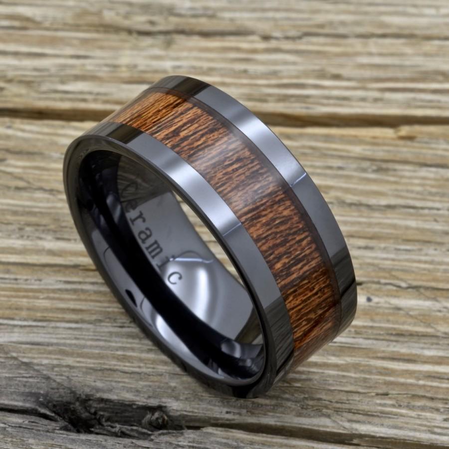 Mariage - Men's Koa Wood Wedding Band Black Ceramic 9mm Comfort fit Ring Sizes 8-15
