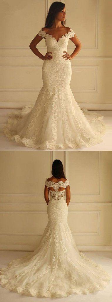 Wedding - Special Off Shoulder Court Train Short Sleeves Mermaid Lace Wedding Dress With Appliques