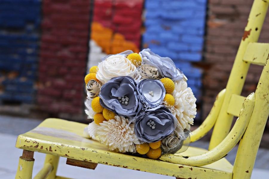 زفاف - Yellow and gray wedding bouquet, Fabric flower and vintage sheet music bridal bouquet, Craspedia, billy ball, burlap and sola wood bouquet