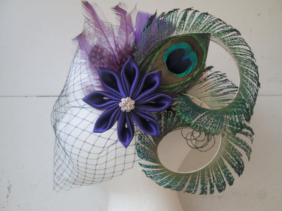 Wedding - Purple Wedding Peacock Fascinator, Royal Purple Kanzashi Hair Flower, Plum Purple Feather Bridal Head Piece, Birdcage Veil, Vintage Bride