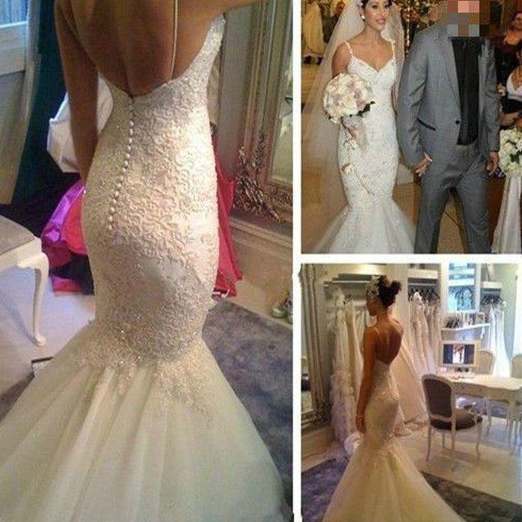 Mariage - Sexy V-Neck Mermaid Wedding Dress Affordable Spaghetti Straps Lace Backless Bridal Gown, WD0079