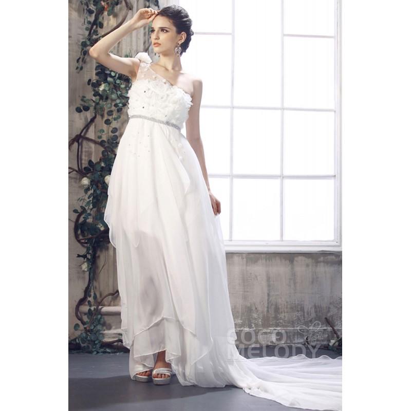 Hochzeit - Grand Asymmetrical One Shoulder Empire Waist Chapel Train Chiffon Wedding Dress CWLH13004 - Top Designer Wedding Online-Shop