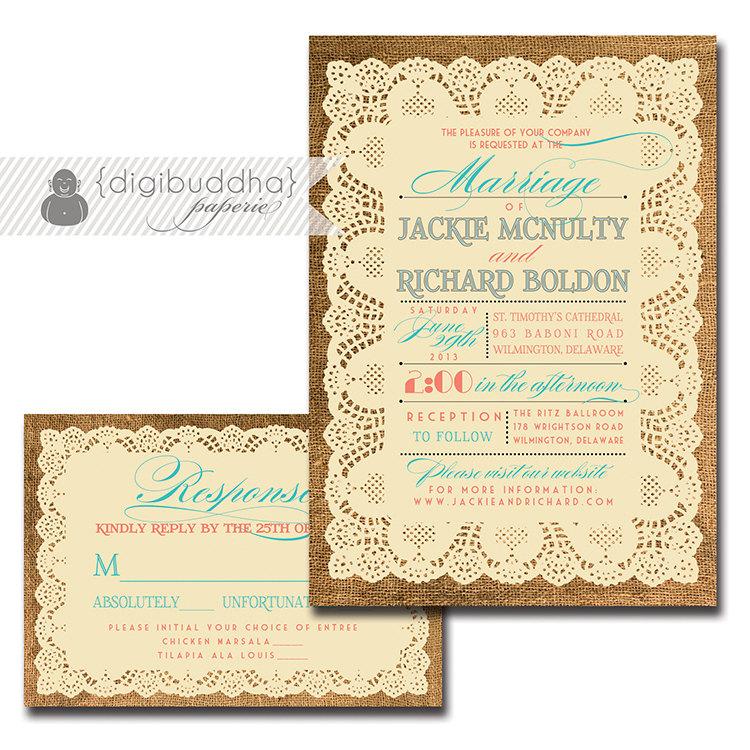Hochzeit - Lace Burlap Wedding Invitation & Response Card 2 Piece Suite Coral Turquoise RSVP Rustic Shabby Chic DIY Digital or Printed - Jackie Style