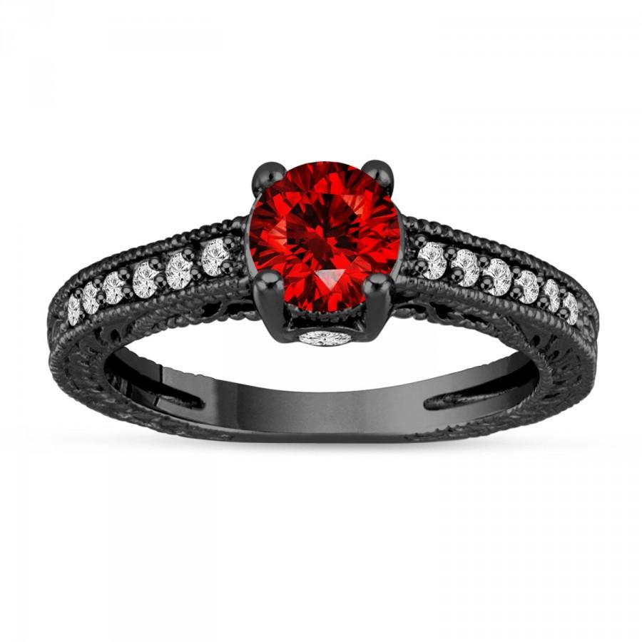 Hochzeit - Fancy Red Diamond Engagement Ring 14K Black Gold Vintage Antique Style Engraved 0.93 Carat Certified HandMade