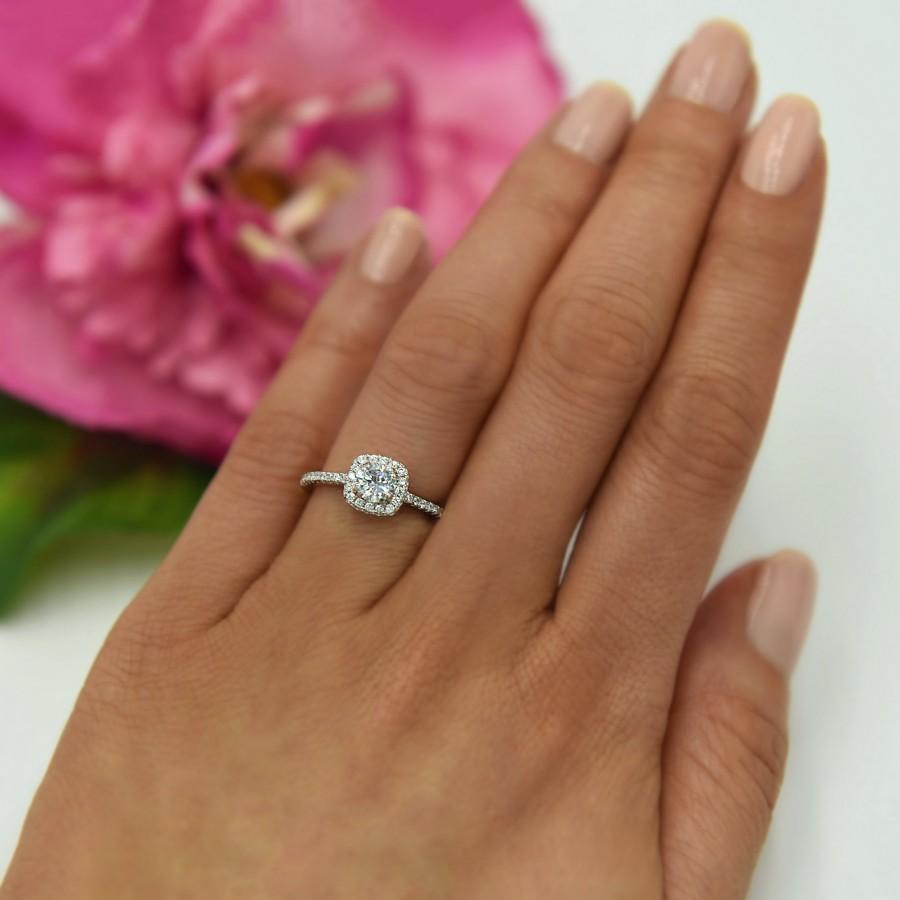 Hochzeit - New 3/4 ctw Classic Square Halo Engagement Ring, Man Made Diamond Simulant, Half Eternity, Bridal Halo Ring, Promise Ring, Sterling Silver