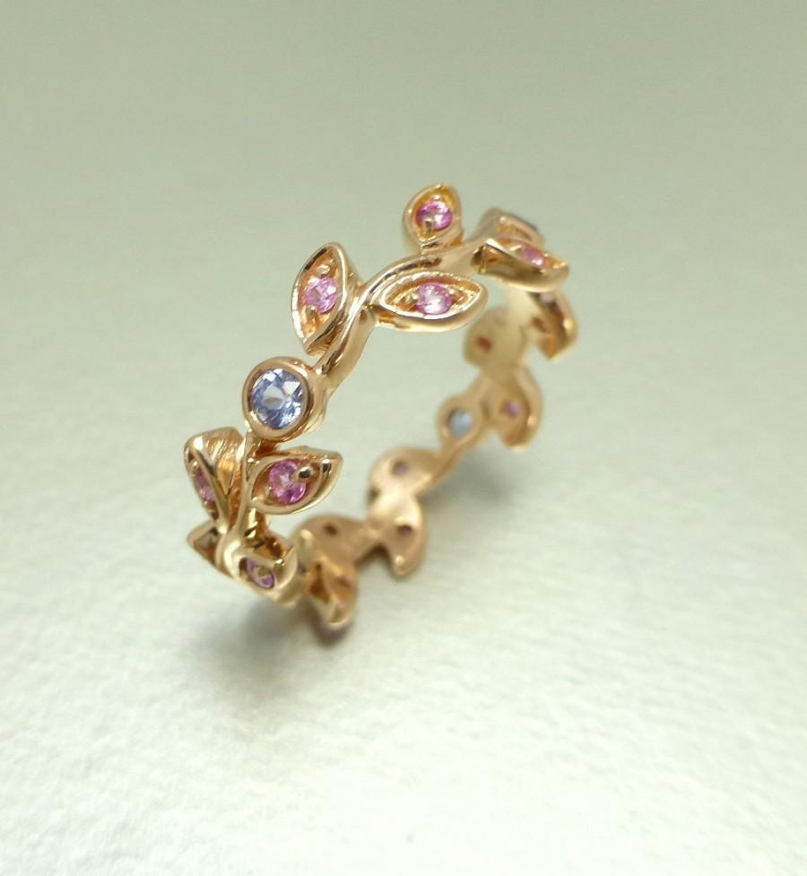 Hochzeit - Pink sapphire leaf engagement ring.  Wedding ring with leaves. Blue sapphire leaf ring. 14k pink gold vine ring. Vine Wedding band.