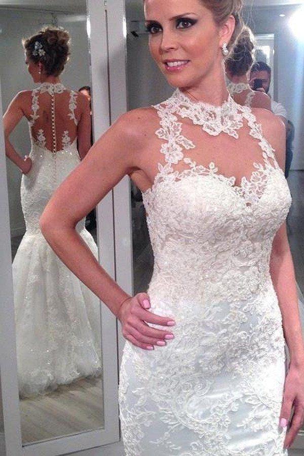 Mariage - Lace Halter Mermaid Wedding Dresses, Sexy Backless Custom Wedding Gowns, Affordable Bridal Dresses, 17105
