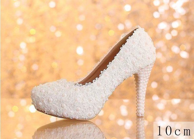 زفاف - Elegant White Floral Lace Pearls Women Wedding Shoes