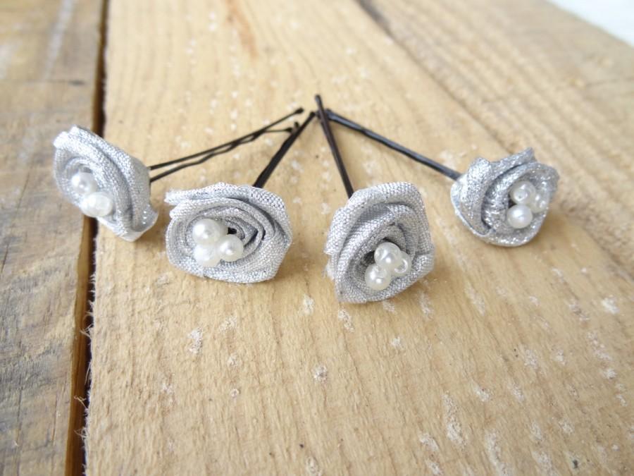 Hochzeit - Silver Rose Wedding Hair Pins, Ivory Bridal Hair Pins, Hair Accessories, Bridesmaid Hair, Woodland - Set of 4
