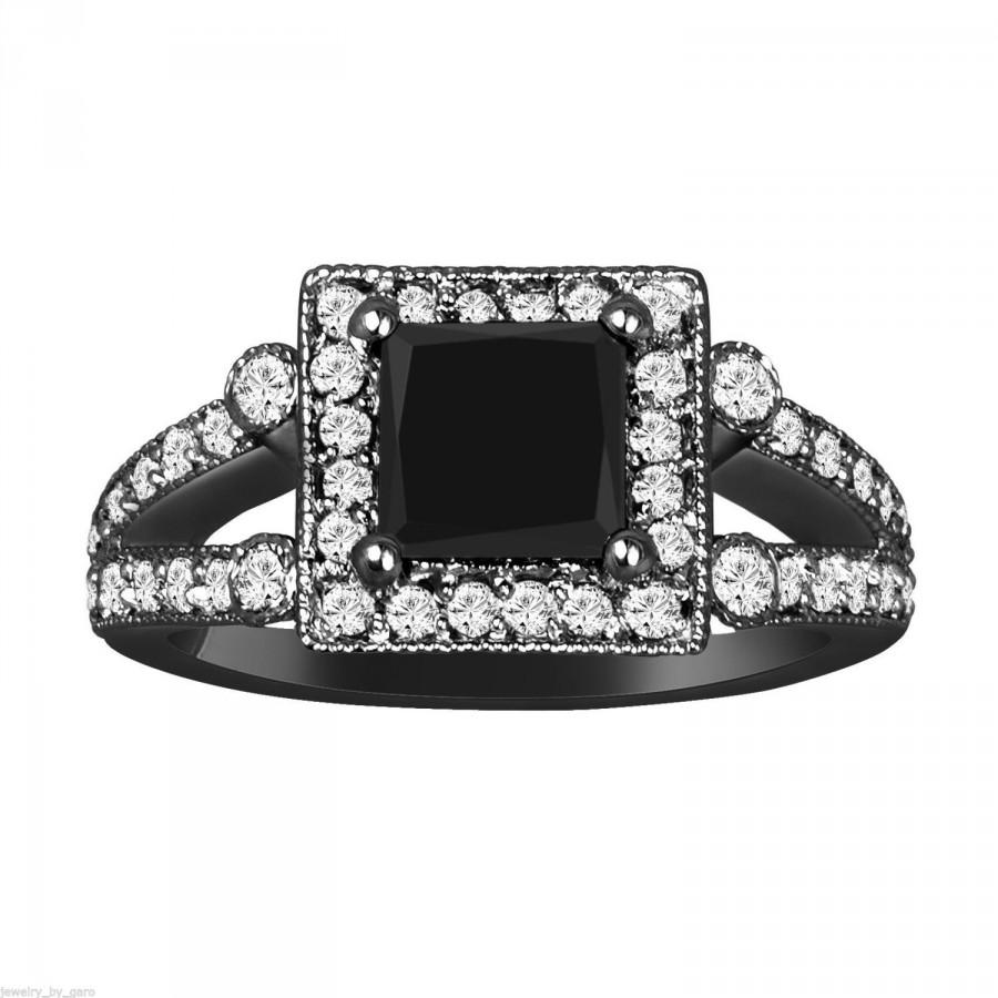 زفاف - Princess Cut Black Diamond Engagement Ring 1.82 Carat Vintage Style 14k Black Gold Unique Halo Handmade