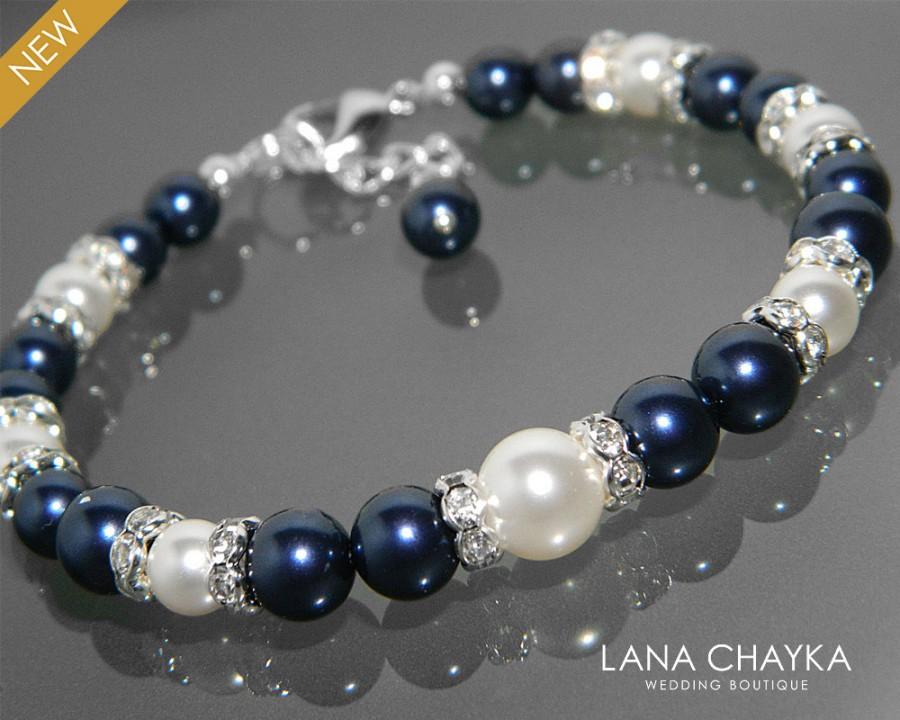Hochzeit - Dark Navy Blue White Pearl Bracelet Swarovski Night Blue White Pearl Wedding Bracelet One Row Pearl Bracelet Wedding Blue White Jewelry - $24.50 USD